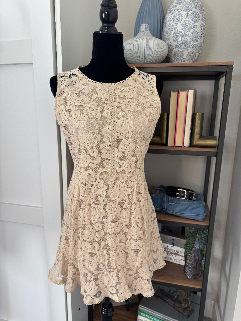 Blu Pepper Beige Stretch Lace Dress - Size M